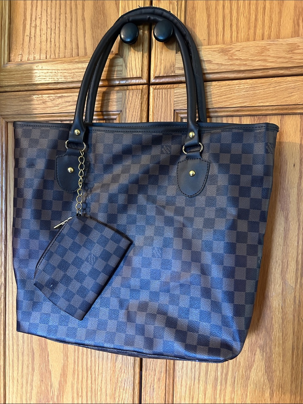Classic Brown Checkered Tote Bag with Coin Pouch